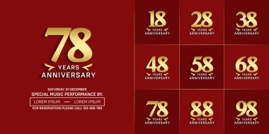 set of anniversary logo with golden number on red background can be use for celebration clipart