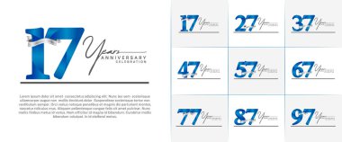 set of anniversary logo with blue number and silver ribbon, handwriting text can be use for celebration clipart