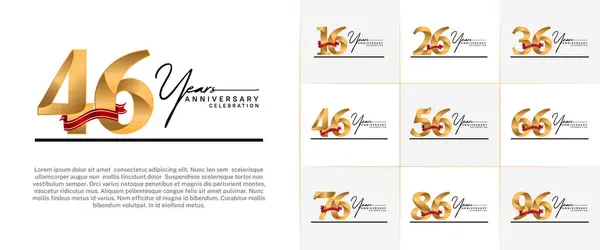 stock vector set of anniversary logo with gold number and red ribbon, handwriting text can be use for celebration