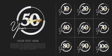 set of anniversary logo with silver number in circle and golden ribbon can be use for celebration clipart