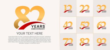 Yıldönümü Logotype seti. Kırmızı şamandıralı, altın rengi özel gün kutlamaları için kullanılabilir.