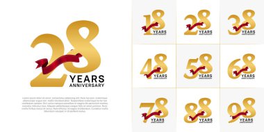 Yıldönümü Logotype altın rengi ve kırmızı kurdeleli set özel gün kutlamaları için kullanılabilir