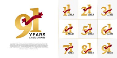 Yıldönümü Logotype altın rengi ve kırmızı kurdeleli set özel gün kutlamaları için kullanılabilir