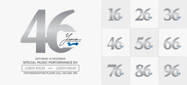 Yıldönümü Logotype seti mavi kurdeleli, gümüş rengi özel gün kutlamaları için kullanılabilir