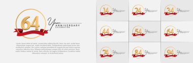 Set of Anniversary Logotype gold color with ring and red ribbon can be use for special day celebration clipart
