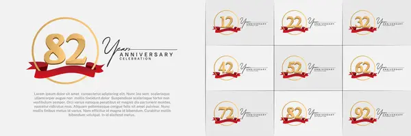 stock vector Set of Anniversary Logotype gold color with ring and red ribbon can be use for special day celebration