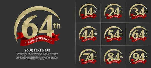 stock vector anniversary logotype set vector, gold color with red ribbon for special day celebration