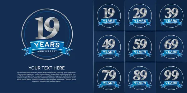 stock vector anniversary logotype set vector, silver color with circle and blue ribbon for special day celebration