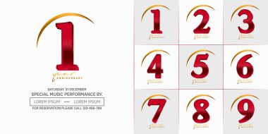 Yıldönümü logotip seti vektörü, özel gün kutlamaları için kırmızı ve altın rengi.