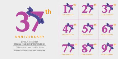 anniversary logotype set vector, purple color and blue ribbon for special day celebration clipart