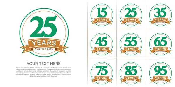 stock vector anniversary logotype set vector, green color with circle and brown ribbon for special day celebration