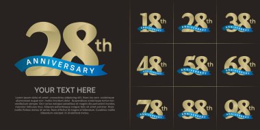 anniversary logotype set vector, golden color and blue ribbon for special day celebration clipart