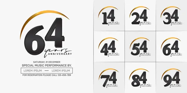 stock vector anniversary logotype set vector, black and gold color with swoosh for special day celebration