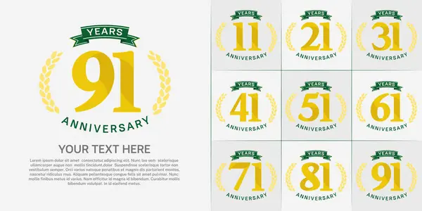 stock vector anniversary logotype set vector, yellow color and green ribbon for special day celebration