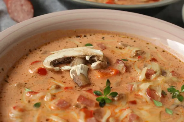 stock image Hearty Pizza Soup with Cabanossi and Ground Beef