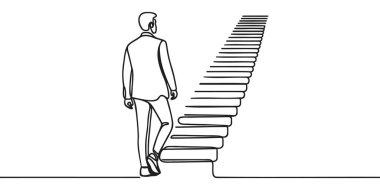 Sürekli bir çizgi çiziyor. Hedefe ulaş. İş adamı hedefe giden merdivenleri çıkıyor. İş vektörü illüstrasyonunu kavra.