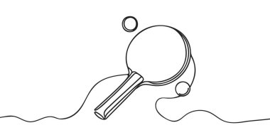 Tek sıra halinde masa tenisi raketi ve top. Masa tenisi spor oyunu. Spor malzemeleri. Masa tenisi raketi ve top ikonu beyaz arka planda izole edilmiş. Bir çizgi çizme tasarım vektörü