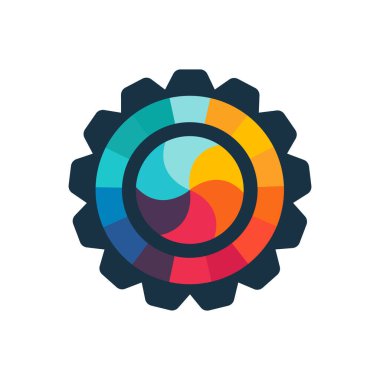 Beyaz arkaplanda renkli dişli logosu.