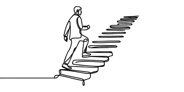 Sürekli bir çizgi çiziyor. Hedefe ulaş. İş adamı hedefe giden merdivenleri çıkıyor. İş vektörü illüstrasyonunu kavra.
