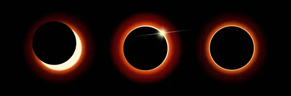 Güneş tutulmasının aşamaları. Parlak güneş ışığı. Vektör.
