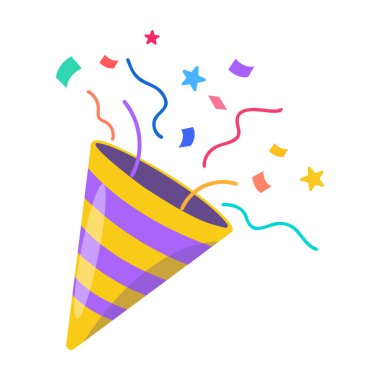 Konfeti partisi ikonu, havai fişek logosu, şapka, düz tasarım. Vektör illüstrasyonu beyaz arkaplanda izole edildi