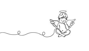 Küçük bebek Noel Meleği gökyüzünde uçuyor. Peri masalı karakteri. Devamlı çizgi sanatı.