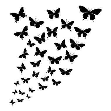 Uçan siyah kelebek siluetleri. Vektör tasarım ögesi.
