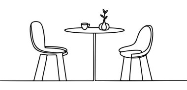 Devamlı çizgi çizimi. Sandalyeli masa. Kafe ya da restoran geçmişi. El çizimi vektör illüstrasyonu