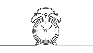 Çalar saatin aralıksız çizgisi. Çalar saat simgesi tek satır karalama tarzında. Beyaz arkaplanda alarm saati.