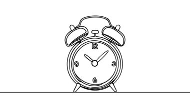 Çalar saatin aralıksız çizgisi. Çalar saat simgesi tek satır karalama tarzında. Beyaz arkaplanda alarm saati.