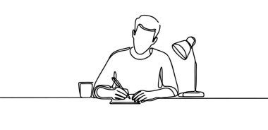 Masada çalışan bir adamın kesintisiz çizimi. Ofisteki adam çizimi. İş Adamı Soyutlaması.