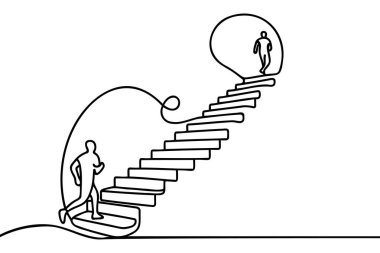 Sürekli bir çizgi çiziyor. Hedefe ulaş. İş adamı hedefe giden merdivenleri çıkıyor. İş vektörü illüstrasyonunu kavra