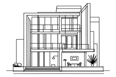 Şehirdeki modern ev inşaatının kesintisiz çizimleri. Ev mimarisi el çizimi minimalist kavram