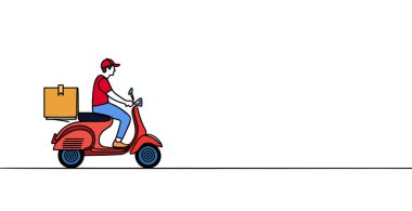 Kırmızı scooter çizimine binen teslimatçı. Yemek teslimatçısı vektörü.