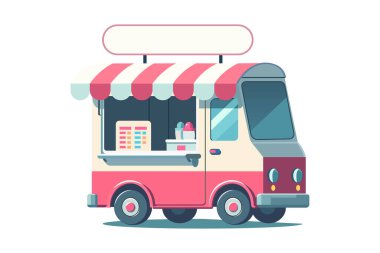 Sokak yemekleri kamyonu şablonu. Vektör hattı ticaret aracı illüstrasyonu. Mobil kafe araba logosu. Festival mağazası taşımacılığı yemek pişirmek ve satmak için