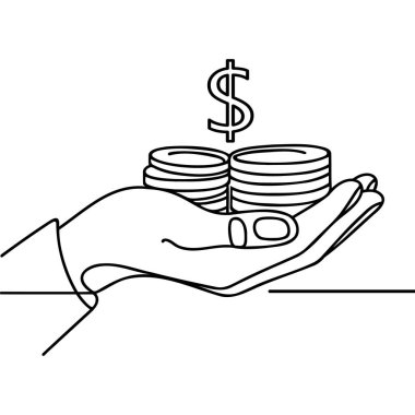 El ele tutuşan madeni paralar tek çizgi halinde resim çizerler. İşletme sembolü. Tasarruf konsepti. Beyaz arkaplanda izole edilmiş vektör