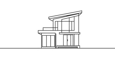 Modern ev ya da sürekli çizim tarzında ticari bina. Beyaz arka planda izole edilmiş modern mimari çizimi. Vektör illüstrasyonu
