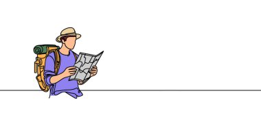 Tek sıra olun. Yürüyüşçü haritaya bakıyor. Dağlık arazide macera. Yürüyüş, macera turizmi, seyahat. Vektör illüstrasyonu.