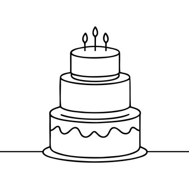 Sürekli doğum günü pastası çizimi. Kremalı pasta ve mum. Beyaz arka planda izole edilmiş doğum günü kutlaması kavramı