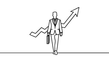 Sürekli bir çizgi çiziyor. Hedefe ulaş. İş adamı hedefe giden merdivenleri çıkıyor. Kavram işi.