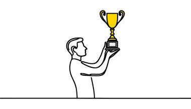 Elleriyle altın kupa tutan tek bir çizgili atlet. Yarışmanın zaferini kutluyoruz. Vektör illüstrasyonu.