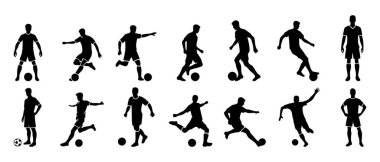 Futbolcu silueti çizimi. Futbolcuların veya futbolcuların vektör kümesi.