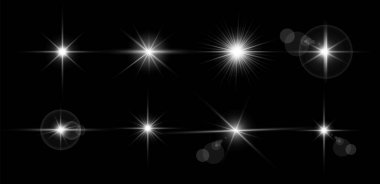 Parlayan ışık parıldıyor. Parıltı efekti ayarlandı, lens parlaması, patlama, parıltı, çizgi, güneş ışığı, kıvılcım ve yıldız. Işık ve beyaz yıldızların soyut görüntüsü. Vektör illüstrasyonu.