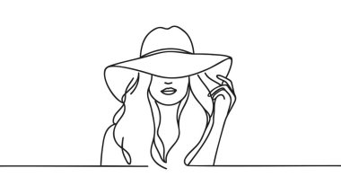 Şapkalı bir kadın çizgisi sürekli bir çizgi olarak çizilir. Modern minimalizm sanatı, estetik yapı. Dişi çizgi vektör çizimi.