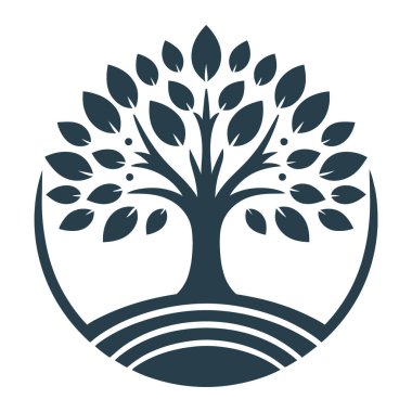 Çember ağaç logo şablonu tasarımı. Hayat ağacı. Yuvarlak bahçe doğal çizgi sembolü. İşaret levhası olan yeşil bir dal. Vektör illüstrasyonu.