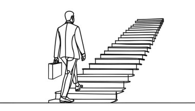 Sürekli bir çizgi çiziyor. Hedefe ulaş. İş adamı hedefe giden merdivenleri çıkıyor. Kavram işi.