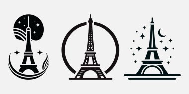 Beyaz arkaplanlı siyah Eyfel kulesi. Olimpiyatlar Paris.