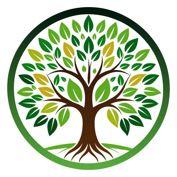 Çember ağaç logo şablonu tasarımı. Hayat ağacı. Yuvarlak bahçe doğal çizgi sembolü. İşaret levhası olan yeşil bir dal. Vektör illüstrasyonu.