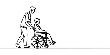 Adam tekerlekli sandalyedeki hastayı sürekli tek çizgi çizerek taşıyor. Bakıcı tekerlekli sandalyeyi bir adamla birlikte taşıyor. İnsanlar uzun vadeli tıbbi bakım kavramı. Minimalist Vektör İllüstrasyonu