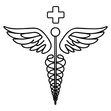 Tıbbi sembol, caduceus. Beyaz arka planda sürekli bir çizgi çiziliyor. Vektör illüstrasyonu.